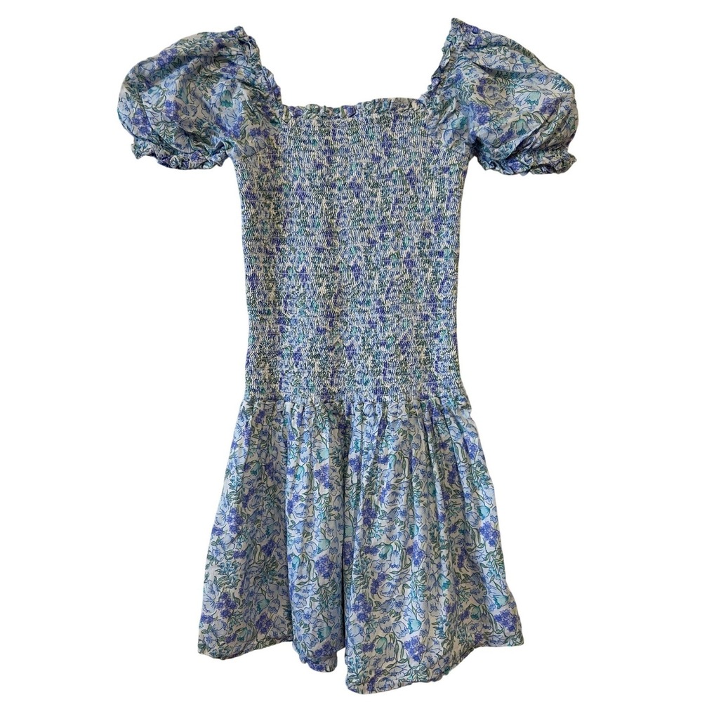 Janie and Jack Girls Smocked Ditsy Floral Dress Size 8 Blue Puff Sleeve Summer